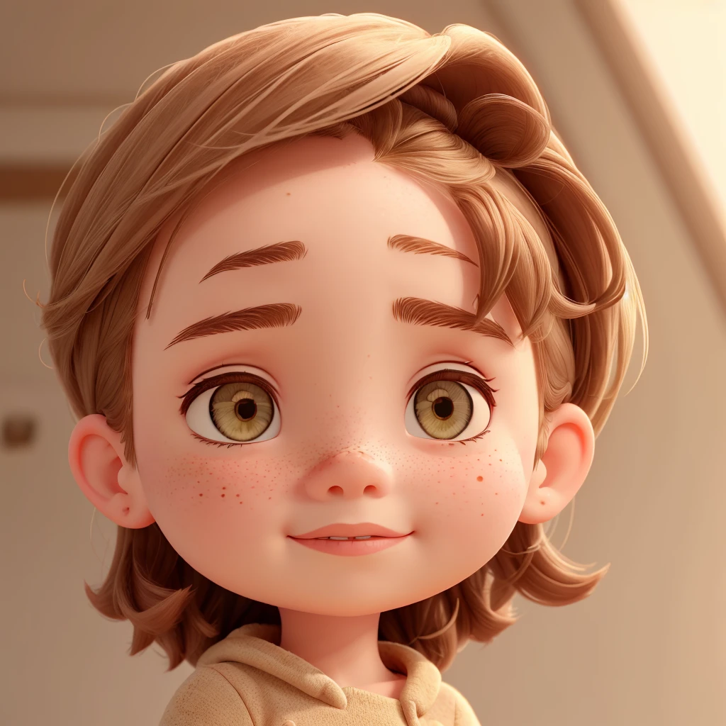 Girl round head and a little childish very effeminate freckles  and elegant clothing beige brown hair
