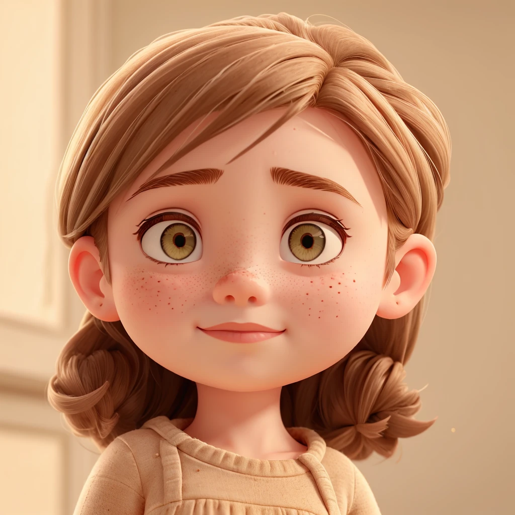 Girl round head and a little childish very effeminate freckles  and elegant clothing beige brown hair
