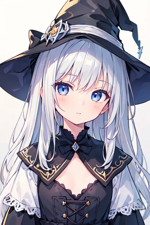 (best quality, masterpiece:1.2), ultra detailed, extremely detailed eyes and face, natural skin texture, detailed skin, natural lighting,
chibi, 1 girl, 12-years-old, (cute),
silver hair, middle hair, straight hair, shiny hair,
blue eyes,
flat chest,
witch,
upper body,
