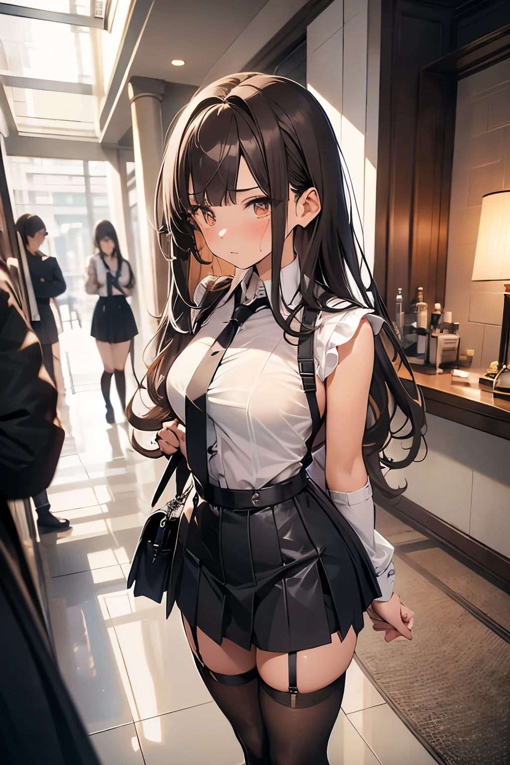 Brown Hair、Looking at the audience suspenders bulging big breasts Black mini skirt garter belt Knee-high socks sight Small face bangs beauty Show your hand sight Black boots Taunt Armpit sweat One person Put your hands behind your back Dress shirt Panty shot hazy consciousness Taunt Shortcuts Inside the Hotel