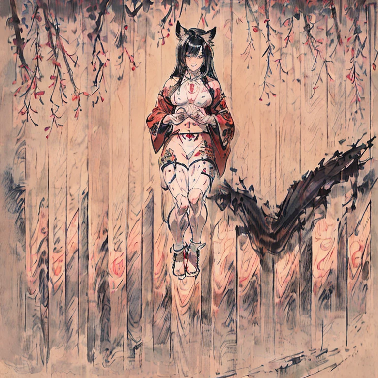 (Fox Girl, Fox Ears, Black colored hair, Fox Makeup, One Girl, Long Hair:1.6), (kimono, Kimono with open chest, A beautiful kimono with red and black patterns, I can see her cleavage, Open chest, Exposed skin:1.8), (Body measurements are 75-60-75!, Young girl body, Small breasts, Small breasts, Emphasize the chest, Knees are slightly visible, Muscular, Abdominal muscles, Hide your own chest with your hands:1.9), Avatar, face, lewd face, Dominant representation, naughty face, Uplifting, Skin Texture, outside, Grassy field