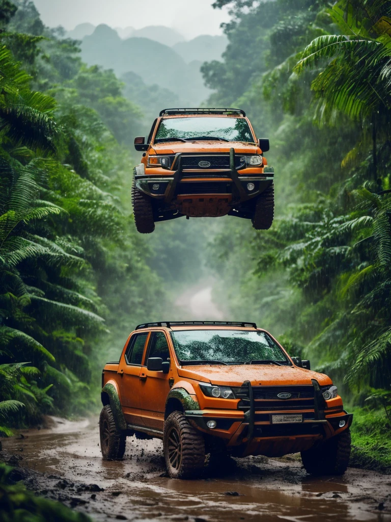 A rugged orange 4x4 vehicle drives through a muddy, rocky path in a lush, green jungle. Rain is falling, and the vehicle is covered in mud. The image is framed by tall trees and mountains in the distance. Write without spelling mistake, The text "ONE LIFE LIVE IT" is superimposed on the image.The mood is adventurous and exciting. The style is realistic and cinematic, with a focus on the vehicle and the natural beauty of the surroundings. The image is shot from a low angle, emphasizing the size and power of the vehicle. The lighting is soft and natural, with a focus on the rain and the lush greenery. The colors are vibrant and saturated, with a focus on the orange of the vehicle and the green of the jungle. The image is rendered in high detail, with a focus on the texture of the mud and the leaves. The background is blurred, drawing the viewer's attention to the vehicle and the path ahead.