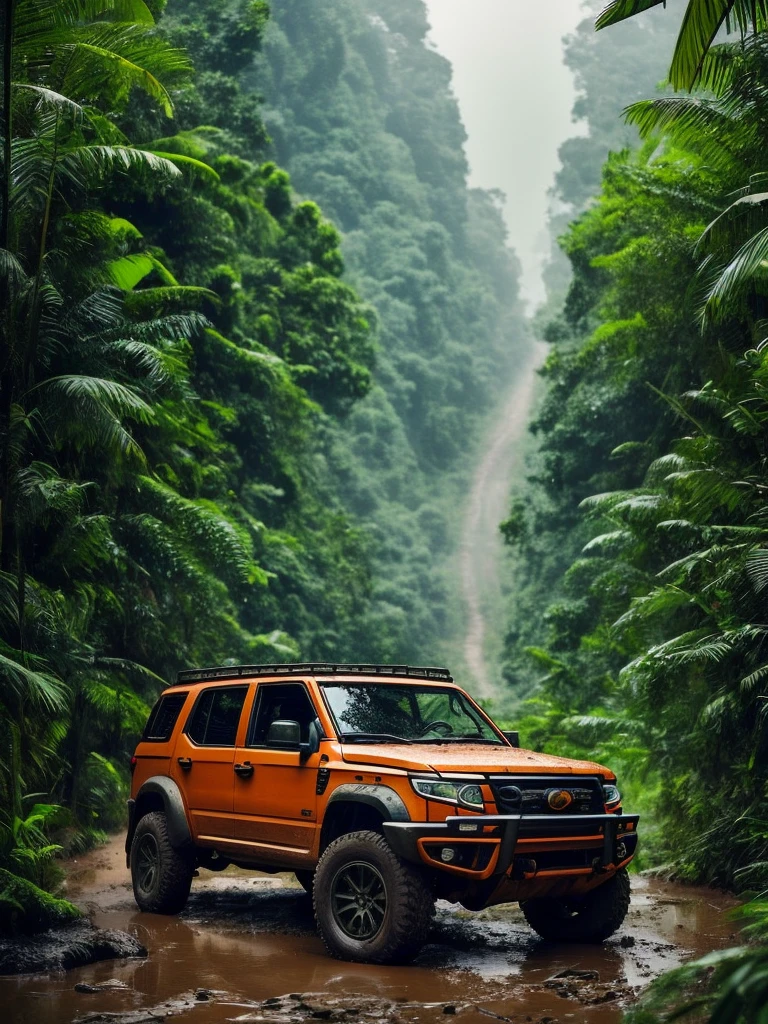 A rugged orange 4x4 vehicle drives through a muddy, rocky path in a lush, green jungle. Rain is falling, and the vehicle is covered in mud. The image is framed by tall trees and mountains in the distance. Write without spelling mistake, The text "ONE LIFE LIVE IT" is superimposed on the image.The mood is adventurous and exciting. The style is realistic and cinematic, with a focus on the vehicle and the natural beauty of the surroundings. The image is shot from a low angle, emphasizing the size and power of the vehicle. The lighting is soft and natural, with a focus on the rain and the lush greenery. The colors are vibrant and saturated, with a focus on the orange of the vehicle and the green of the jungle. The image is rendered in high detail, with a focus on the texture of the mud and the leaves. The background is blurred, drawing the viewer's attention to the vehicle and the path ahead.