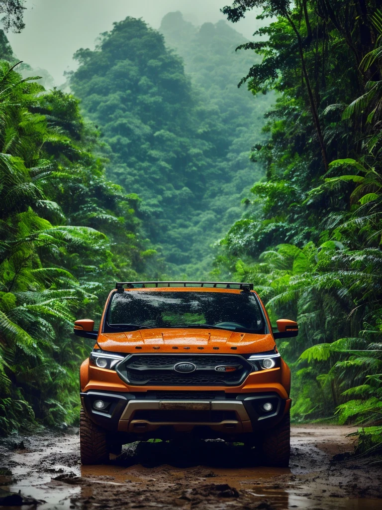 A rugged orange 4x4 vehicle drives through a muddy, rocky path in a lush, green jungle. Rain is falling, and the vehicle is covered in mud. The image is framed by tall trees and mountains in the distance. Write without spelling mistake, The text "ONE LIFE LIVE IT" is superimposed on the image.The mood is adventurous and exciting. The style is realistic and cinematic, with a focus on the vehicle and the natural beauty of the surroundings. The image is shot from a low angle, emphasizing the size and power of the vehicle. The lighting is soft and natural, with a focus on the rain and the lush greenery. The colors are vibrant and saturated, with a focus on the orange of the vehicle and the green of the jungle. The image is rendered in high detail, with a focus on the texture of the mud and the leaves. The background is blurred, drawing the viewer's attention to the vehicle and the path ahead.