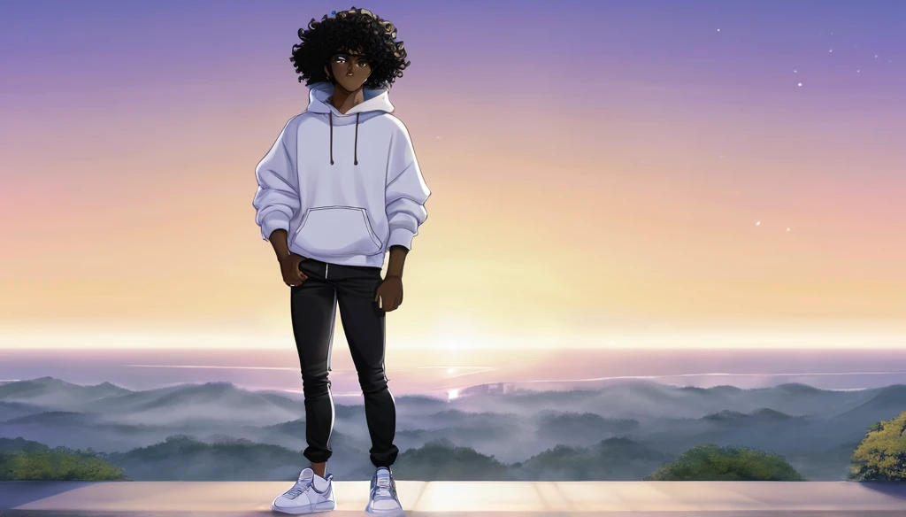 anime art style, dark elf, African skin, black hair, Curly hair, long hair, black eyes, ((man)), athletic body, Black jeans, white sweatshirt, hands in pockets and gradient sneakers, full body