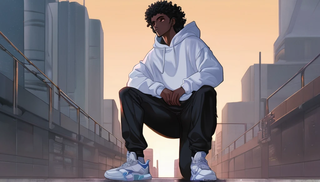 anime art style, dark elf, African skin, black hair, Curly hair, long hair, black eyes, ((man)), athletic body, Black jeans, white sweatshirt, hands in pockets and gradient sneakers, full body