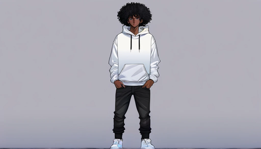 anime art style, dark elf, African skin, black hair, Curly hair, long hair, black eyes, ((man)), athletic body, Black jeans, white sweatshirt, hands in pockets and gradient sneakers, full body