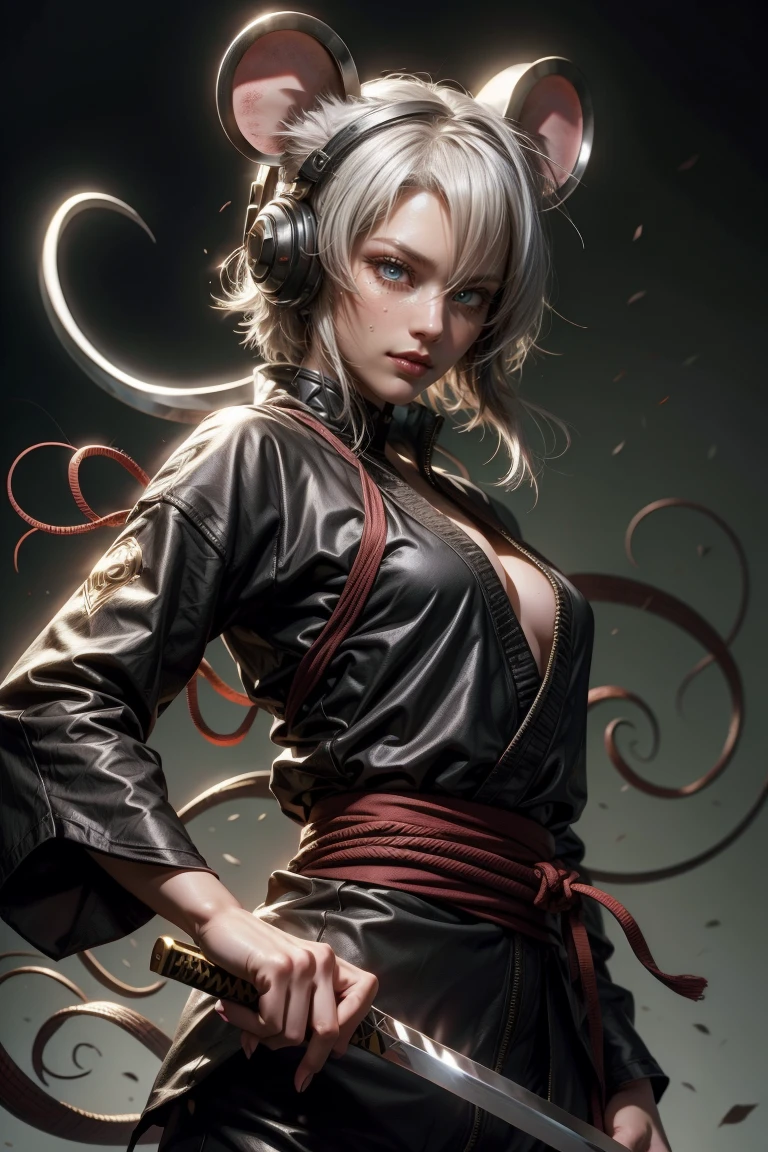 Sexy ninja girl with mouse ears, white silver hair, with a katana, and jutsu hand sign