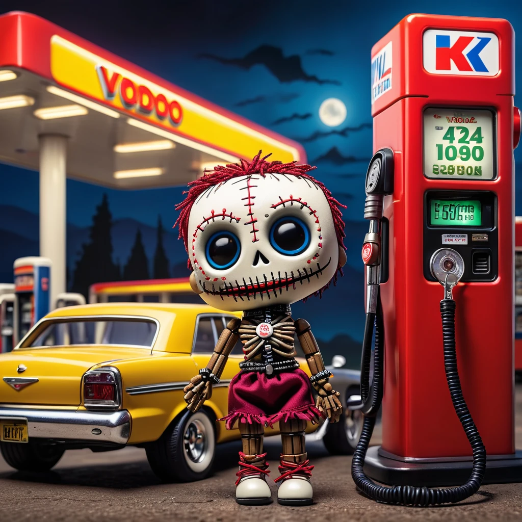 (knitted toy voodoo doll:1.5), (Voodoo at Gas Station:1.3), (Clothing: casual outfit:1.0), (Accessories: gas pump, car keys:1.1), (background: busy gas station with floating fuel prices, glowing pumps, and refueling cars:1.2), best quality, masterpiece, detailed soft oil painting, detailed background, dramatic cinematic lighting, soft edge lighting, professional, dramatic lighting, hard edge lighting, ultra quality, 4k,masterpiece, best quality, 8k, ultra highres, highres, extremely detailed