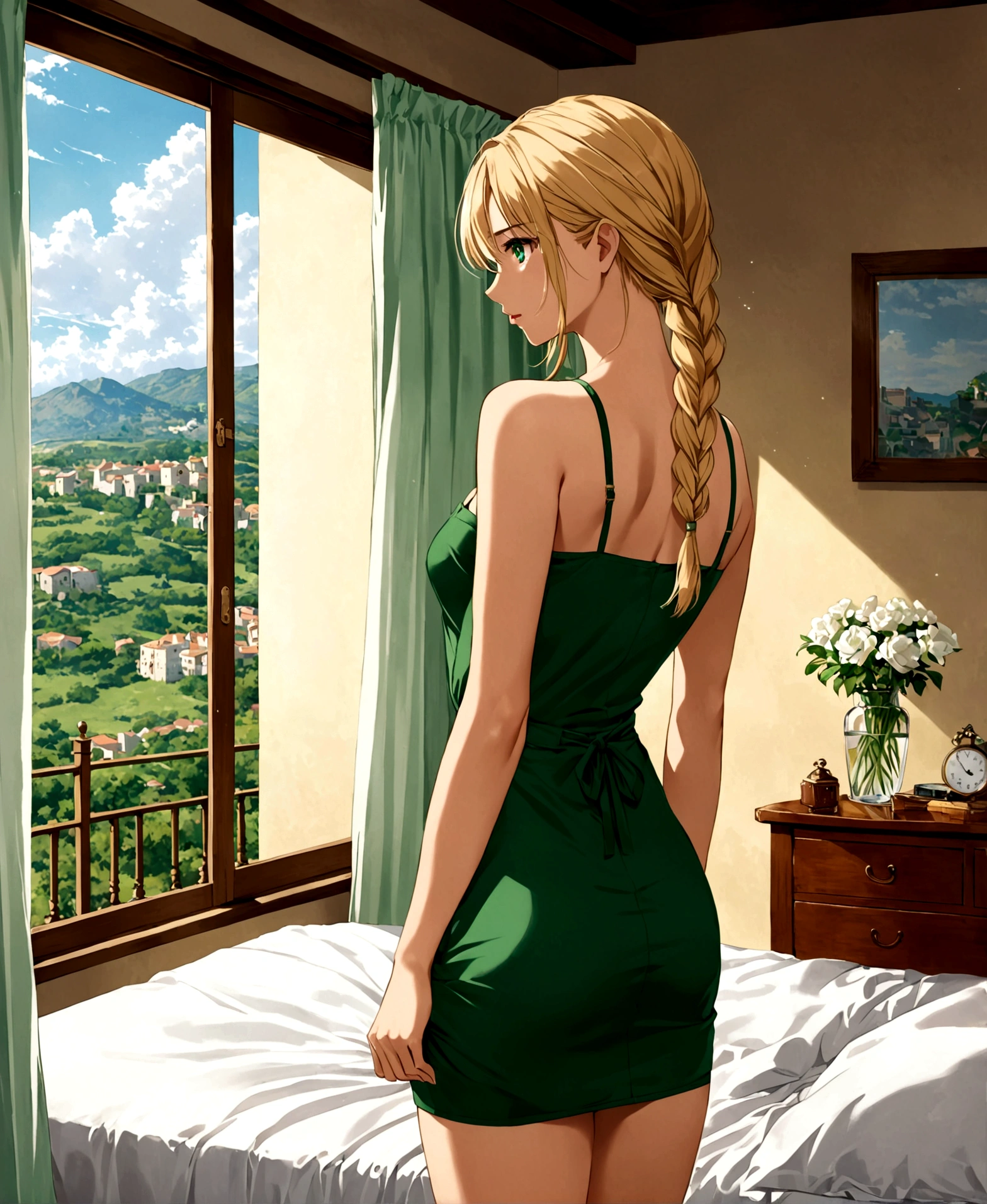 A beautiful women, spanish, 23 years old, In her room, standing, looking out the window, focusing on his back, contemplating the landscape through the window, looking nostalgic, /(Light skin, long straight hair golden blonde combed in a pigtail braid, emerald green eyes,), half sad and nostalgic, tear in her eyes, /(Casual wear: grey full body short fitted dress with bare shoulders and flower patterns, neckline, black knee high boots,), /(shapely legs, hourglass-shaped athletic body, medium hips, small waist, Big chest, sexy,),