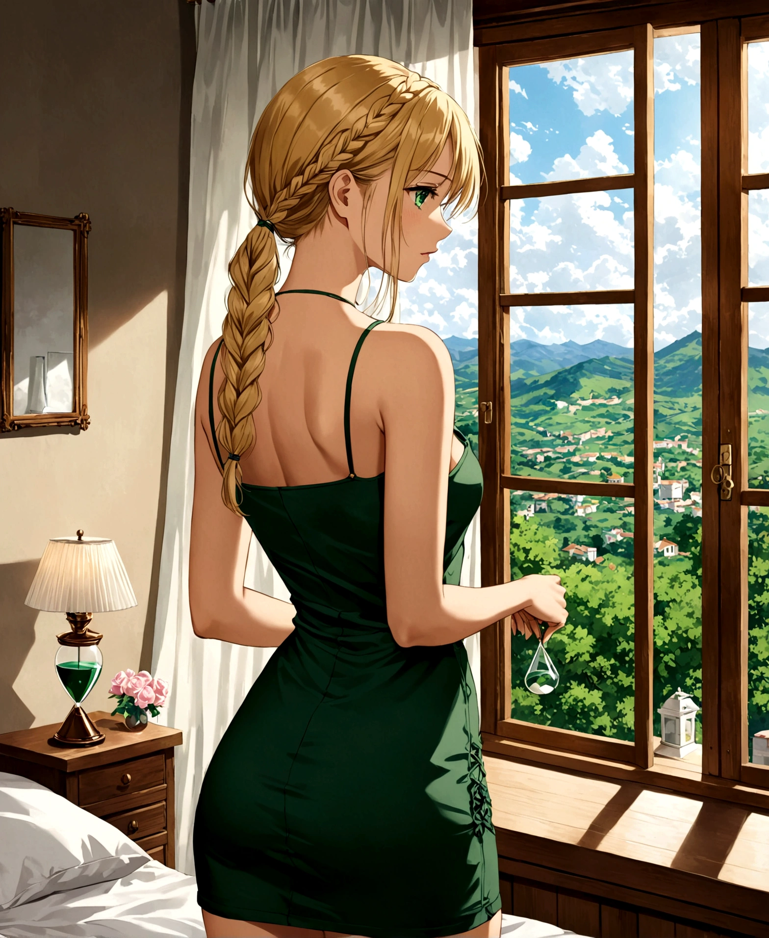 A beautiful women, spanish, 23 years old, In her room, standing, looking out the window, focusing on his back, contemplating the landscape through the window, looking nostalgic, /(Light skin, long straight hair golden blonde combed in a pigtail braid, emerald green eyes,), half sad and nostalgic, tear in her eyes, /(Casual wear: grey full body short fitted dress with bare shoulders and flower patterns, neckline, black knee high boots,), /(shapely legs, hourglass-shaped athletic body, medium hips, small waist, Big chest, sexy,),
