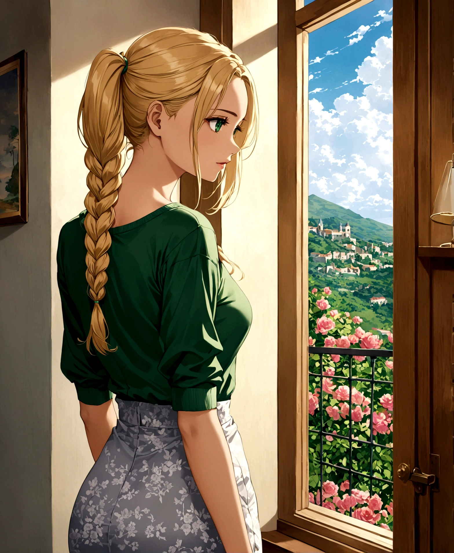 A beautiful women, spanish, 23 years old, In her room, standing, looking out the window, focusing on his back, contemplating the landscape through the window, looking nostalgic, /(Light skin, long straight hair golden blonde combed in a pigtail braid, emerald green eyes,), half sad and nostalgic, tear in her eyes, /(Casual wear: grey full body short fitted dress with bare shoulders and flower patterns, neckline, black knee high boots,), /(shapely legs, hourglass-shaped athletic body, medium hips, small waist, Big chest, sexy,),