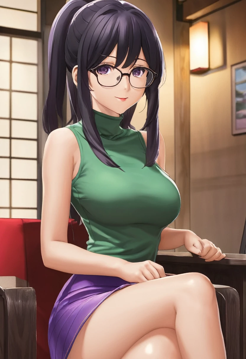 27 year old anime girl、（Wearing a casual blue-purple turtleneck tank top）、Light green tube skirt、One person、Female Anime Characters、Young woman anime visual、Bob Hair、Red painted lips、Thick lips、Black Hair、Wear glasses、Large Breasts、Green Eyes、smile、sitting cross-legged on a chair、Anime screenshots、Full shot of a cowboy、（masterpiece：1.1）、（Highest quality：1.1）、（Super detailed：1.1）