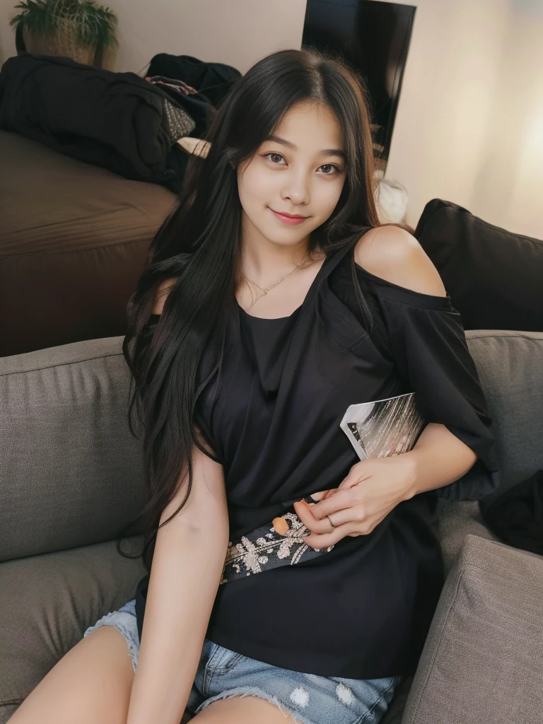 lovely cute young attractive teenage girl, village girl, 18 years old, cute, an Instagram model, long black_hair, colorful hair, winter, dacing, wear black top, sitting at sofa home, clean face