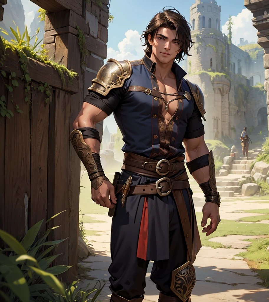 (((Single character image.))) (((1boy))) (((Luxurious hair and sexy smirk.))) (((18 years old.))) (((18yo.))) (((Dressed in medieval fantasy attire with pirate themes.))) (((Great abs. Great pecs. Great crotch.))) (((Dressed in medieval fantasy attire.))) (((Intense, sexy stare.))) (((Beautiful shoulder length dark hair.))) Gorgeous male character with a body that women lust for. (((Strong sexual appeal.))) Looks like a fun-loving and heroic male adventurer for Dungeons & Dragons. Looks like a very attractive male adventurer for a high fantasy setting. Looks like a hot boyfriend. Looks like a handsome and rugged male adventurer for Dungeons & Dragons. Looks like a handsome male for a medieval fantasy setting. Looks like a Dungeons & Dragons adventurer, very cool and masculine hair style, black clothing, handsome, charming smile, adventurer, athletic build, excellent physique, confident, gorgeous face, gorgeous body, detailed and intricate, fantasy setting,fantasy art, dungeons & dragons, fantasy adventurer, fantasy NPC, attractive male in his mid 20's, ultra detailed, epic masterpiece, ultra detailed, intricate details, digital art, unreal engine, 8k, ultra HD, centered image award winning, fantasy art concept, digital art, centered image, flirting with viewer, best quality:1.0,hyperealistic:1.0,photorealistic:1.0,madly detailed CG unity 8k wallpaper:1.0,masterpiece:1.3,madly detailed photo:1.2, hyper-realistic lifelike texture:1.4, picture-perfect:1.0,8k, HQ,best quality:1.0,