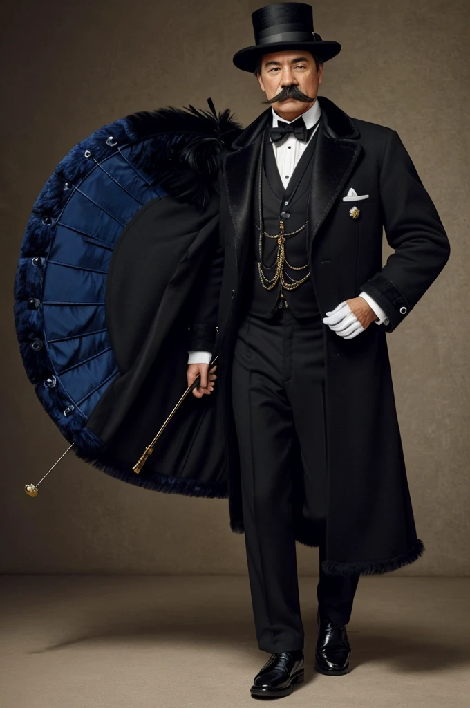 Man dressed in a penguin tail jacket, a bow with a sapphire in the center, a monocle, an imperial mustache, black pants, moccasins, and a black bowler with 3 feathers on each side and attached to the hat band
