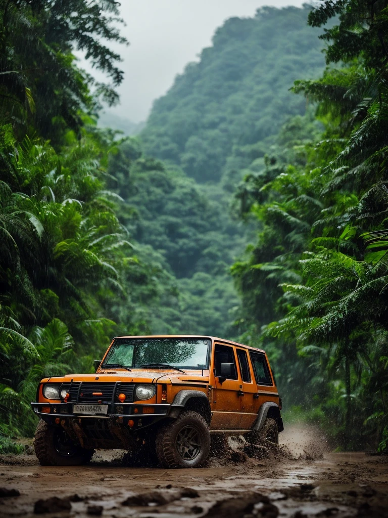 A rugged orange 4x4 vehicle drives through a muddy, rocky path in a lush, green jungle. Rain is falling, and the vehicle is covered in mud. The image is framed by tall trees and mountains in the distance. Write without spelling mistake, The text "ONE LIFE LIVE IT" is superimposed on the image.The mood is adventurous and exciting. The style is realistic and cinematic, with a focus on the vehicle and the natural beauty of the surroundings. The image is shot from a low angle, emphasizing the size and power of the vehicle. The lighting is soft and natural, with a focus on the rain and the lush greenery. The colors are vibrant and saturated, with a focus on the orange of the vehicle and the green of the jungle. The image is rendered in high detail, with a focus on the texture of the mud and the leaves. The background is blurred, drawing the viewer's attention to the vehicle and the path ahead.