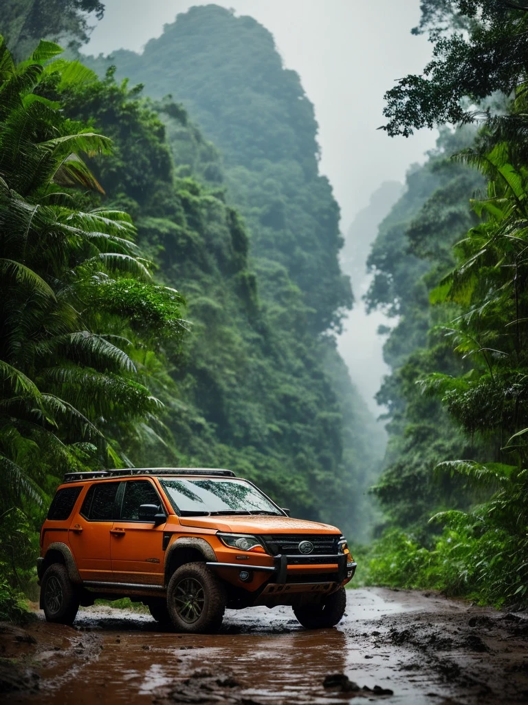 A rugged orange 4x4 vehicle drives through a muddy, rocky path in a lush, green jungle. Rain is falling, and the vehicle is covered in mud. The image is framed by tall trees and mountains in the distance. Write without spelling mistake, The text "ONE LIFE LIVE IT" is superimposed on the image.The mood is adventurous and exciting. The style is realistic and cinematic, with a focus on the vehicle and the natural beauty of the surroundings. The image is shot from a low angle, emphasizing the size and power of the vehicle. The lighting is soft and natural, with a focus on the rain and the lush greenery. The colors are vibrant and saturated, with a focus on the orange of the vehicle and the green of the jungle. The image is rendered in high detail, with a focus on the texture of the mud and the leaves. The background is blurred, drawing the viewer's attention to the vehicle and the path ahead.