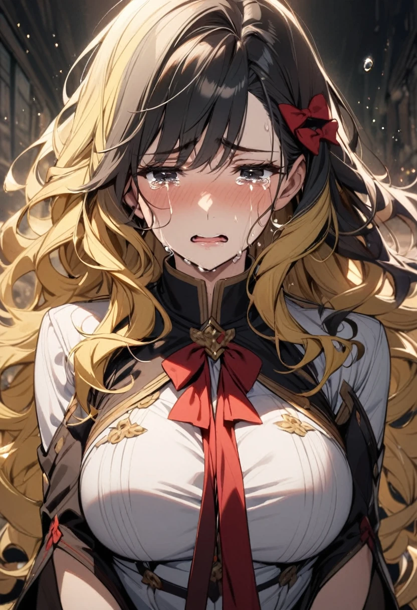 girl, beautiful, black hair, yellow hair, black eyes, curly hair, breasts, crying, tears, red bow, long hair, mature