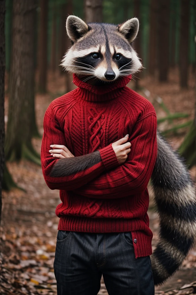 a raccoon man with a raccoon tail and a red sweater