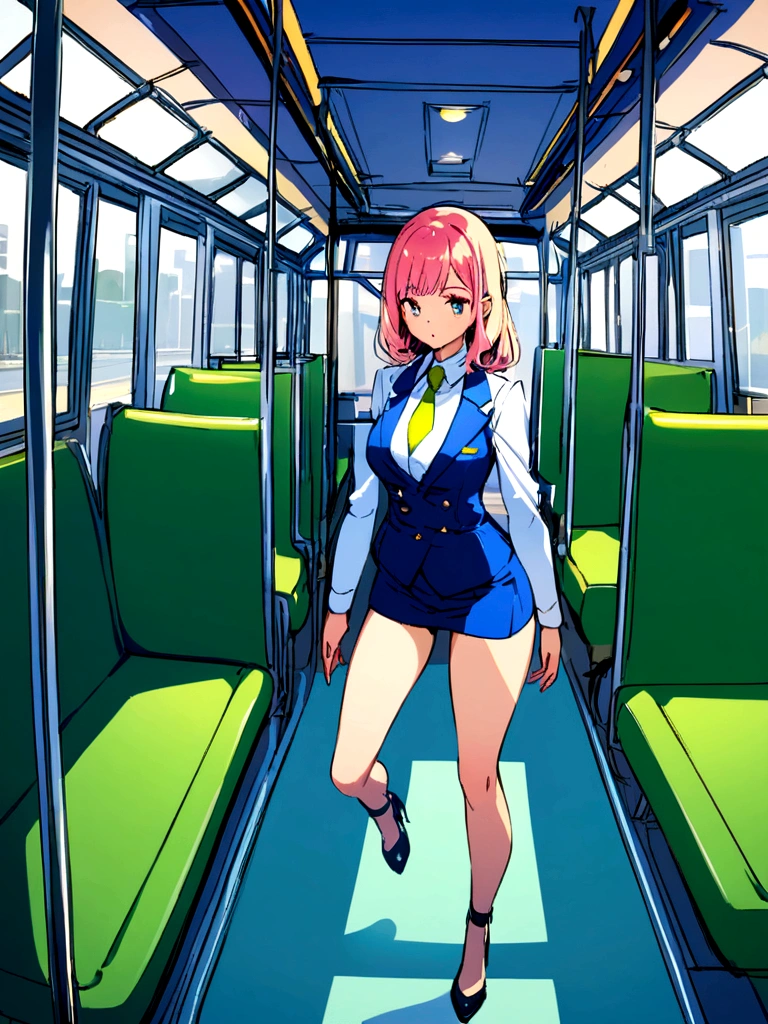 Girl in tight and short clothes, inside a bus
