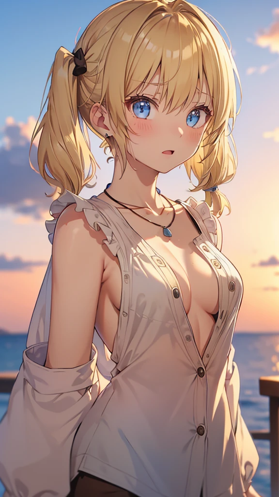 Absurd, Very detailed,Bright colors, Very beautiful and detailed anime faces and eyes, Look straight, ;d, Shiny_skin,Age 25, short hair, , Asymmetrical bangs, (Blonde short twin tails:1.4),(I wear clothes:1.7),(No bra:1.4),Shiny hair, Delicate and beautiful face,(surprised:1.7) ,blush,Sweat,blue eyes, White skin, Valletta, Earrings, necklace,(Brown sleeveless:1.2), Beautiful Clouds, Twilight Sky,