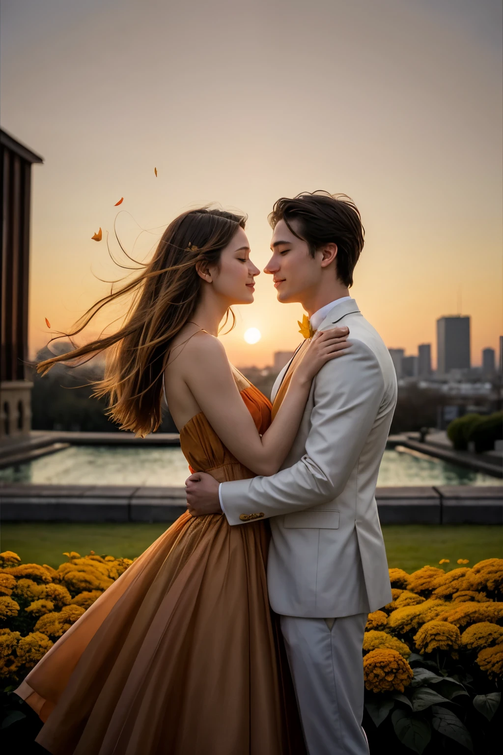 - A blurred background with warm colors like orange and gold, evoking a sunset.
- In the middle, a silhouette of a couple hugging, surrounded by flowers and petals floating in the air, suggesting fragrances.
- Maybe some elements like old perfume bottles or a city in the background to give a romantic and nostalgic touch.
- The title in an elegant, cursive font, with a texture reminiscent of an old romance book.