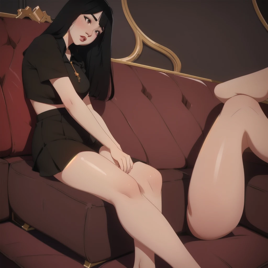 beautiful girl, long black hair, bangs, rounder face, droopy nose tip, small round red lips, round cheeks, intense dark round asian eyes, beauty spot above eyes, average body, chubby legs, soft stomach, short body height, flat body, sitting on a couch with a magazine and a cell phone, gorgeous