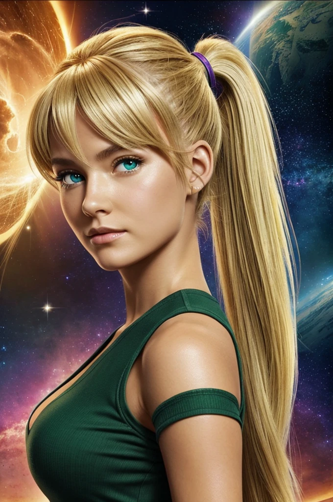 Image of coolgirl anime applejack green eyes zeta halo spartan in galaxy spacewars Ponytail hairstyle blonde