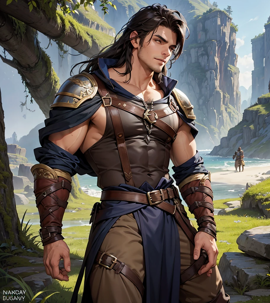 (((Single character image.))) (((1boy))) (((Luxurious hair and sexy smirk.))) (((18 years old.))) (((18yo.))) (((Dressed in medieval fantasy attire with pirate themes.))) (((Great abs.  Great pecs.  Great crotch.))) (((Dressed in medieval fantasy attire.))) (((Intense, sexy stare.))) (((Beautiful shoulder length dark hair.))) Gorgeous male character with a body that women lust for.  (((Strong sexual appeal.))) Looks like a fun-loving and heroic male adventurer for Dungeons & Dragons. Looks like a very attractive male adventurer for a high fantasy setting. Looks like a hot boyfriend. Looks like a handsome and rugged male adventurer for Dungeons & Dragons. Looks like a handsome male for a medieval fantasy setting. Looks like a Dungeons & Dragons adventurer, very cool and masculine hair style, black clothing, handsome, charming smile, adventurer, athletic build, excellent physique, confident, gorgeous face, gorgeous body,  detailed and intricate, fantasy setting,fantasy art, dungeons & dragons, fantasy adventurer, fantasy NPC, attractive male in his mid 20's, ultra detailed, epic masterpiece, ultra detailed, intricate details, digital art, unreal engine, 8k, ultra HD, centered image award winning, fantasy art concept, digital art, centered image, flirting with viewer, best quality:1.0,hyperealistic:1.0,photorealistic:1.0,madly detailed CG unity 8k wallpaper:1.0,masterpiece:1.3,madly detailed photo:1.2, hyper-realistic lifelike texture:1.4, picture-perfect:1.0,8k, HQ,best quality:1.0,