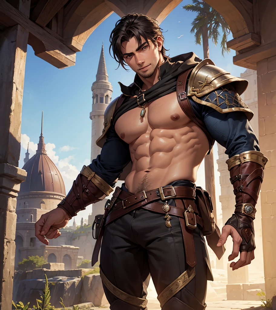 (((Single character image.))) (((1boy))) (((Luxurious hair and sexy smirk.))) (((18 years old.))) (((18yo.))) (((Dressed in medieval fantasy attire with pirate themes.))) (((Great abs. Great pecs. Great crotch.))) (((Dressed in medieval fantasy attire.))) (((Intense, sexy stare.))) (((Beautiful shoulder length dark hair.))) Gorgeous male character with a body that women lust for. (((Strong sexual appeal.))) Looks like a fun-loving and heroic male adventurer for Dungeons & Dragons. Looks like a very attractive male adventurer for a high fantasy setting. Looks like a hot boyfriend. Looks like a handsome and rugged male adventurer for Dungeons & Dragons. Looks like a handsome male for a medieval fantasy setting. Looks like a Dungeons & Dragons adventurer, very cool and masculine hair style, black clothing, handsome, charming smile, adventurer, athletic build, excellent physique, confident, gorgeous face, gorgeous body, detailed and intricate, fantasy setting,fantasy art, dungeons & dragons, fantasy adventurer, fantasy NPC, attractive male in his mid 20's, ultra detailed, epic masterpiece, ultra detailed, intricate details, digital art, unreal engine, 8k, ultra HD, centered image award winning, fantasy art concept, digital art, centered image, flirting with viewer, best quality:1.0,hyperealistic:1.0,photorealistic:1.0,madly detailed CG unity 8k wallpaper:1.0,masterpiece:1.3,madly detailed photo:1.2, hyper-realistic lifelike texture:1.4, picture-perfect:1.0,8k, HQ,best quality:1.0,