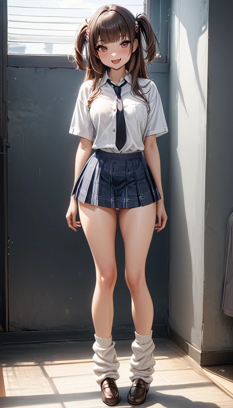 (1girl, sharp focus solo), (full body portrait image:1.4), (Masterpiece, Super photo realistic, Super details, Super Highest Quality, Super Highest photo realistic), super cute and beautiful girl, (erotic atmosphere:1.3), You are a professional photographer Photographing my girlfriend, Very Japanese gal, Wearing navy plaid pleat mini skirt, False eyelashes, Pearl pink glossy lips, Unbuttoned white shirt, (kawaii erotic girl:1.3), (brown eyes:1.4), big round chest, (Wider at the hem flabby large in size Super Loose long Socks:1.4), (loafer), (An innocent 16-year-old cute Japanese girl:1.4), (skin fang:1.4), Very happy smile, Extremely Realistic, open mouth, half close eyes, slim waist, (tanned skins:1.4), slim beautiful legs), a girls incoming, black pupils, dark brown color hair style, high school gal, (torogao:1.4), dark brown hair color, two side up hair style, hair pin, (cute Asian gal:1.4), (wide stans legs standding:1.4), white bangs, shirt out over on skirt, super slim beautiful thigh legs, black long loose necktie,