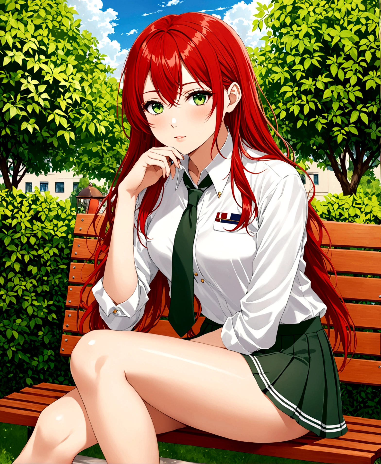 sitting cross-legged on a bench in the garden of a school, a stunningly beautiful student at a military academy, 17 years old, /(perfect and detailed hands, fine fingers, perfect and highly detailed eyes, perfect face, perfect and athletic body,), /(long red hair, triangular face, perfect green eyes, shapely legs, hourglass body,), /(military cadet with slim fit: beige sweater, white blouse, dark green miniskirt with pleats and oxfod gray line patterns, dark red thigh-high stockings held up with ribbons, black women's military shoes with small heels,),