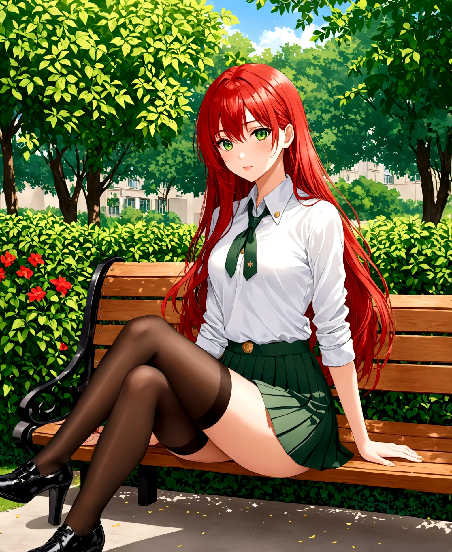 sitting cross-legged on a bench in the garden of a school, a stunningly beautiful student at a military academy, , /(perfect and detailed hands, fine fingers, perfect and highly detailed eyes, perfect face, perfect and athletic body,), /(long red hair, triangular face, perfect green eyes, shapely legs, hourglass body,), /(military cadet with slim fit: beige sweater, white blouse, dark green miniskirt with pleats and oxfod gray line patterns, dark red thigh-high stockings held up with ribbons, black women's military shoes with small heels,),