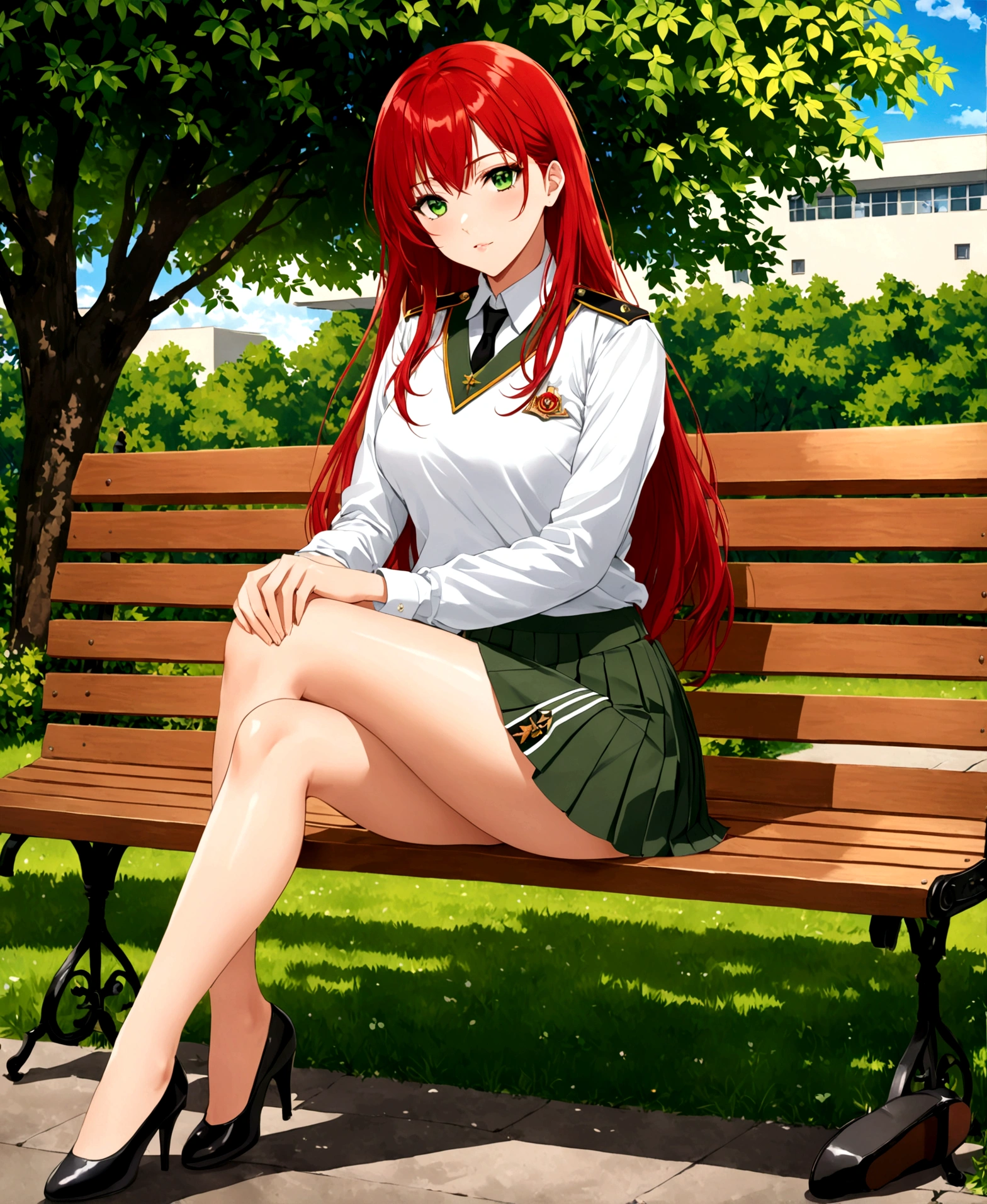 sitting cross-legged on a bench in the garden of a school, a stunningly beautiful  student at a military academy, 17 years old, /(perfect and detailed hands, fine fingers, perfect and highly detailed eyes, perfect face, perfect and athletic body,), /(long red hair, triangular face, perfect green eyes, shapely legs, hourglass body,), /(military cadet  with slim fit: beige sweater, white blouse, dark green miniskirt with pleats and oxfod gray line patterns, dark red thigh-high stockings held up with ribbons, black women's military shoes with small heels,),