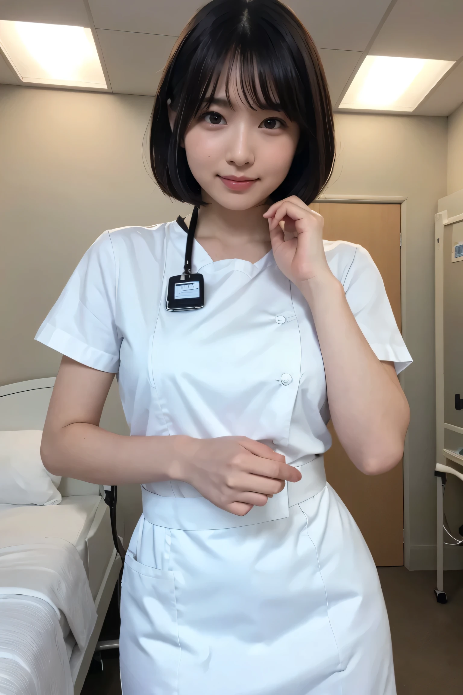 1 Girl,(Wearing white nurse clothes:1.2),(RAW Photos, Highest quality), (Realistic, photo-Realistic:1.4), masterpiece, Very delicate and beautiful, Very detailed, 2k wallpaper, wonderful, finely, Very detailed CG unity 8k wallpaper, Very detailedな, High resolution, Soft Light, Beautiful detailed girl, Very detailed eyes and face, Beautiful and detailed nose, finely beautiful eyes, nurse, Perfect Anatomy, Black Hair, Upstyle, nurse uniform,  Long skirt, nurse, White costume, thin, hospital, clear, White Uniform, hospital room, Neck auscultation,Bobcut、Flip up the skirt、20th Generation、smile
