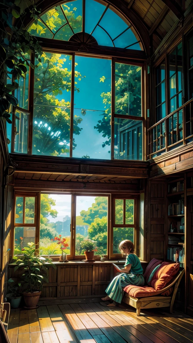 Wide angle view, a girl leaning back on a soft sofa to read a book, attentive, reading corner in the house in the evening with bright colors, creating a contrast between bright blue and orange, overflowing bookshelves,  green plants, soft light from standing lamps create warm lights on surfaces, variety of textures, wood grain on furniture and leaves on green plants to create depth, large windows, quiet, anime, 8k