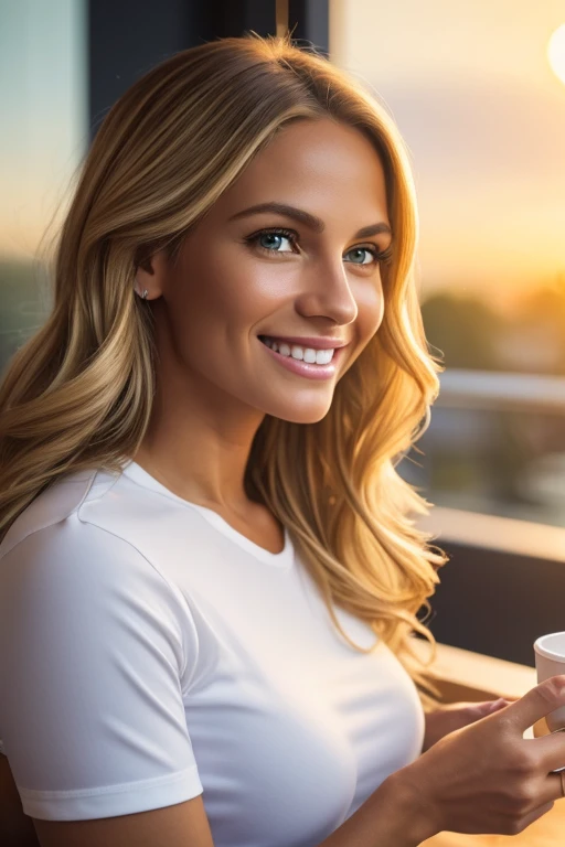 beautiful blonde wearing red T-shirt and leggings (sipping coffee inside a modern café at sunset), very detailed, 36 years old, innocent face, natural wavy hair, green eyes, tan-olive skin, high resolution, masterpiece, best quality, intricate details, highly detailed, sharp focus, detailed skin, realistic skin texture, texture, detailed eyes, professional, 4k, charming smile, shot on Canon, 85mm, shallow depth of field, kodak vision color, perfect fit body, extremely detailed, foto_\(ultra\), photorealistic, realistic, post-processing, maximum detail, roughness, real life, ultra realistic, photorealism, photography, 8k uhd, photography
