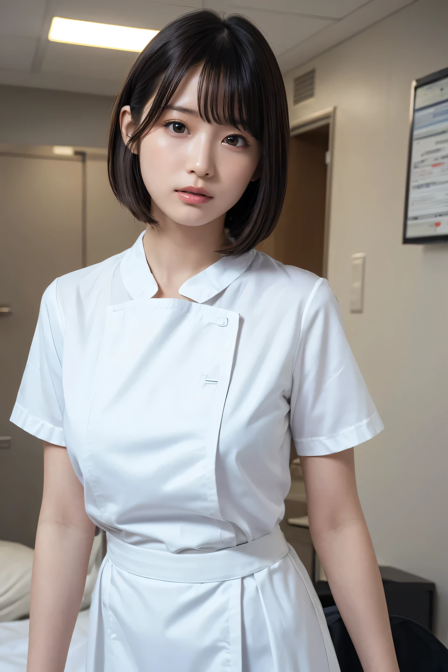 1 Girl,(Wearing white nurse clothes:1.2),(RAW Photos, Highest quality), (Realistic, photo-Realistic:1.4), masterpiece, Very delicate and beautiful, Very detailed, 2k wallpaper, wonderful, finely, Very detailed CG unity 8k wallpaper, Very detailedな, High resolution, Soft Light, Beautiful detailed girl, Very detailed eyes and face, Beautiful and detailed nose, finely beautiful eyes, nurse, Perfect Anatomy, Black Hair, Upstyle, nurse uniform, Long skirt, nurse, White costume, thin, hospital, clear, White Uniform, hospital room, Neck auscultation,Bobcut、Flip up the skirt、20th Generation、、seduce with sexual expressions