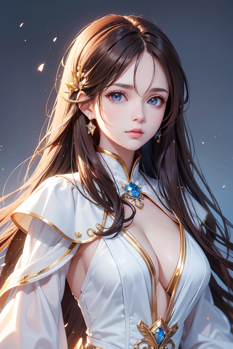 Masterpiece, Best quality, 1 Female, Mature Woman, Elder Sister, young girl, Royal Sister, brown eyes, long hair, smoky mix brown color hair, resolute eyes, white mix blue dress, long white eardrop, morden, frontal photo, blank background, remove background, anime, illustration