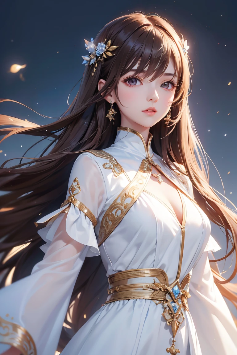 Masterpiece, Best quality, 1 Female, Mature Woman, Elder Sister, young girl, Royal Sister, brown eyes, long hair, smoky mix brown color hair, resolute eyes, white mix blue dress, long white eardrop, morden, frontal photo, blank background, remove background, anime, illustration