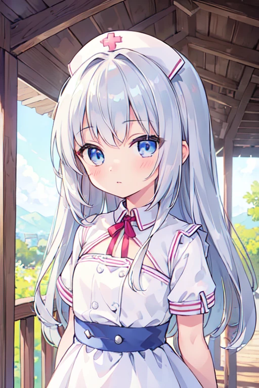 (best quality, masterpiece:1.2), ultra detailed, extremely detailed eyes and face, natural skin texture, detailed skin, natural lighting,
chibi, 1 girl, 12-years-old, (cute),
silver hair, middle hair, straight hair, shiny hair,
blue eyes,
flat chest,
nurse,
upper body,