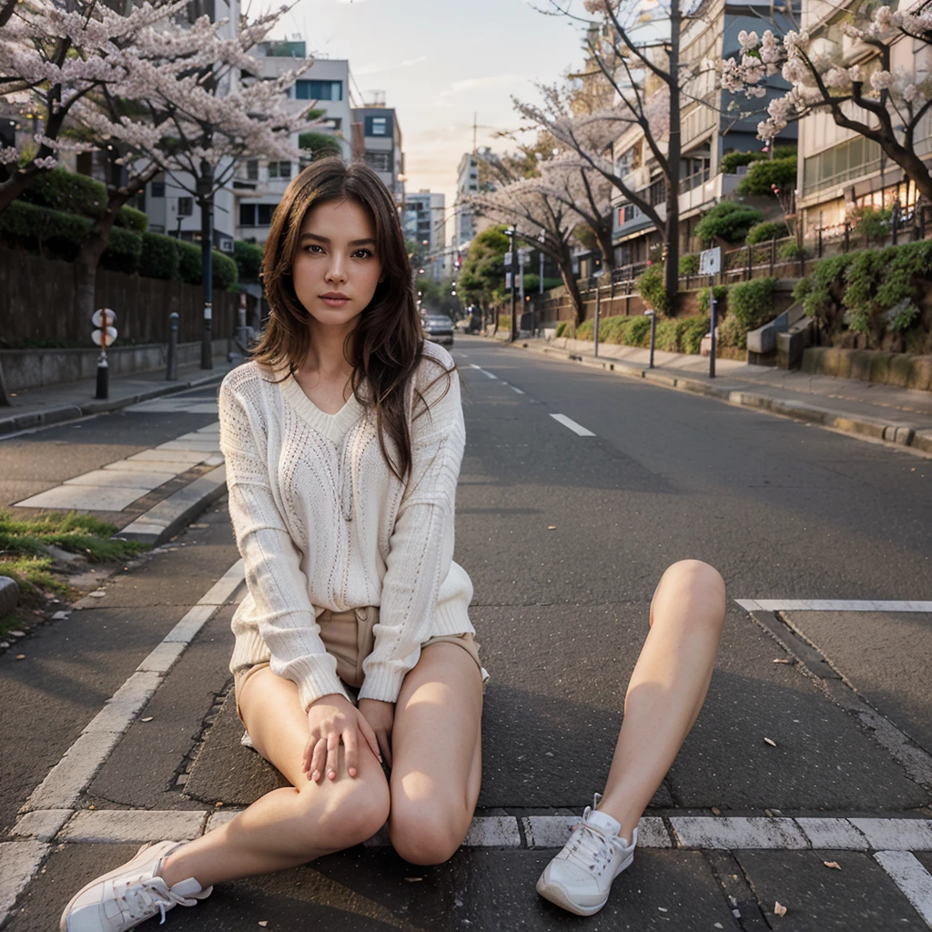 Female supermodel. White sweater. Sitting in the middle of road. Dim, soft lighting. Sunset. Meguro River Cherry Blossoms Promenade, Tokyo, Japan.