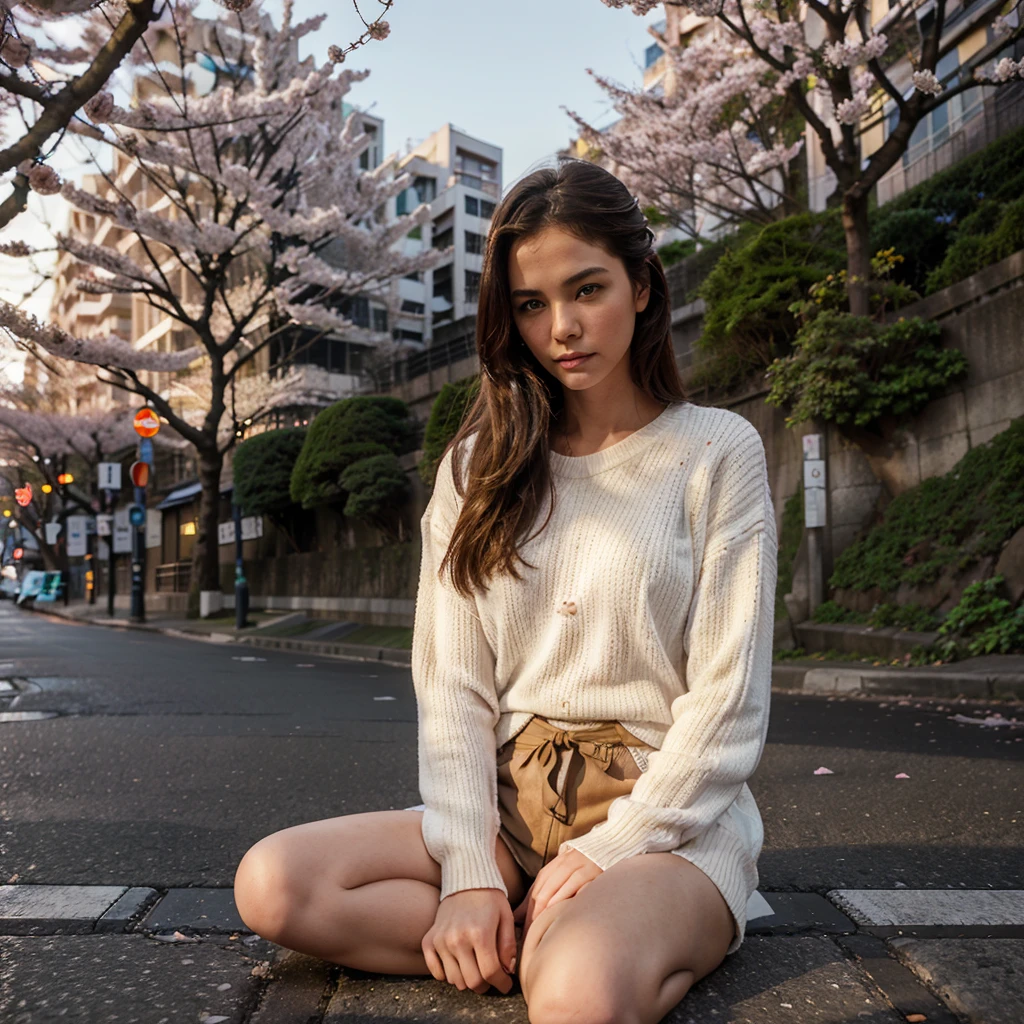Female supermodel. White sweater. Sitting in the middle of road. Dim, soft lighting. Sunset. Meguro River Cherry Blossoms Promenade, Tokyo, Japan.