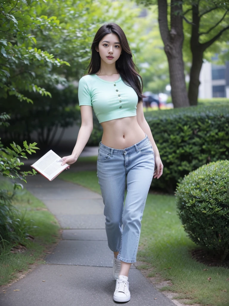 (best quality, Masterpiece, Realistic photos, very detailed, Ultra high resolution, raw:1.3), 1 woman, beautiful, Japan, in university, A young university girl wears a green button-up crop top., Blue Jeans, showing navel, College Student, navel, (canvas shoes, ขาbeautiful, full body), Walking place, holding a book, Dress well 