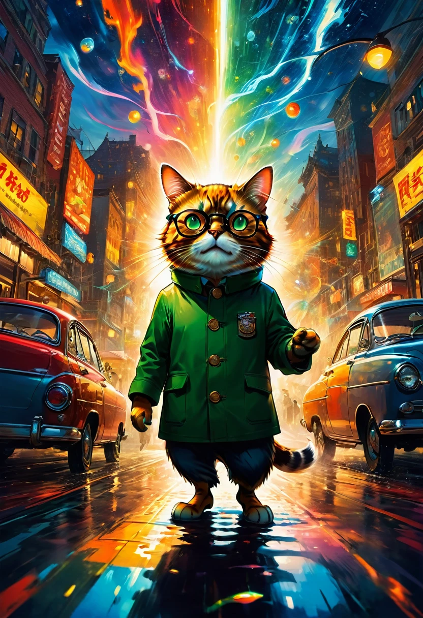 Wearing Glasses, full body, by Richard Scarry, dramatic composition, cinematic dynamic action scene, vibrant colors, cinematic lighting, dramatic lighting, best quality, masterpiece, very aesthetic, perfect composition, intricate details, ultra-detailed
