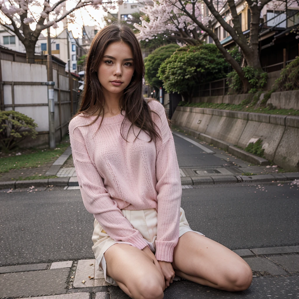 Female supermodel. Pink sweater. Sitting in the middle of road. Dim, soft lighting. Sunset. Meguro River Cherry Blossoms Promenade, Tokyo, Japan.