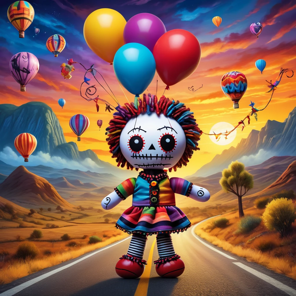 (knitted toy voodoo doll:1.5), (Voodoo Doll on the Road to Happiness:1.3), (Clothing: cheerful attire with smiley patterns:1.0), (Accessories: enchanted balloon emitting a warm glow, floating happy faces:1.1), (background: colorful road lined with joyful scenery, playful animals, and a bright sky:1.2), best quality, masterpiece, detailed soft oil painting, detailed background, dramatic cinematic lighting, soft edge lighting, professional, dramatic lighting, hard edge lighting, ultra quality, 4k,masterpiece, best quality, 8k, ultra highres, highres, extremely detailed