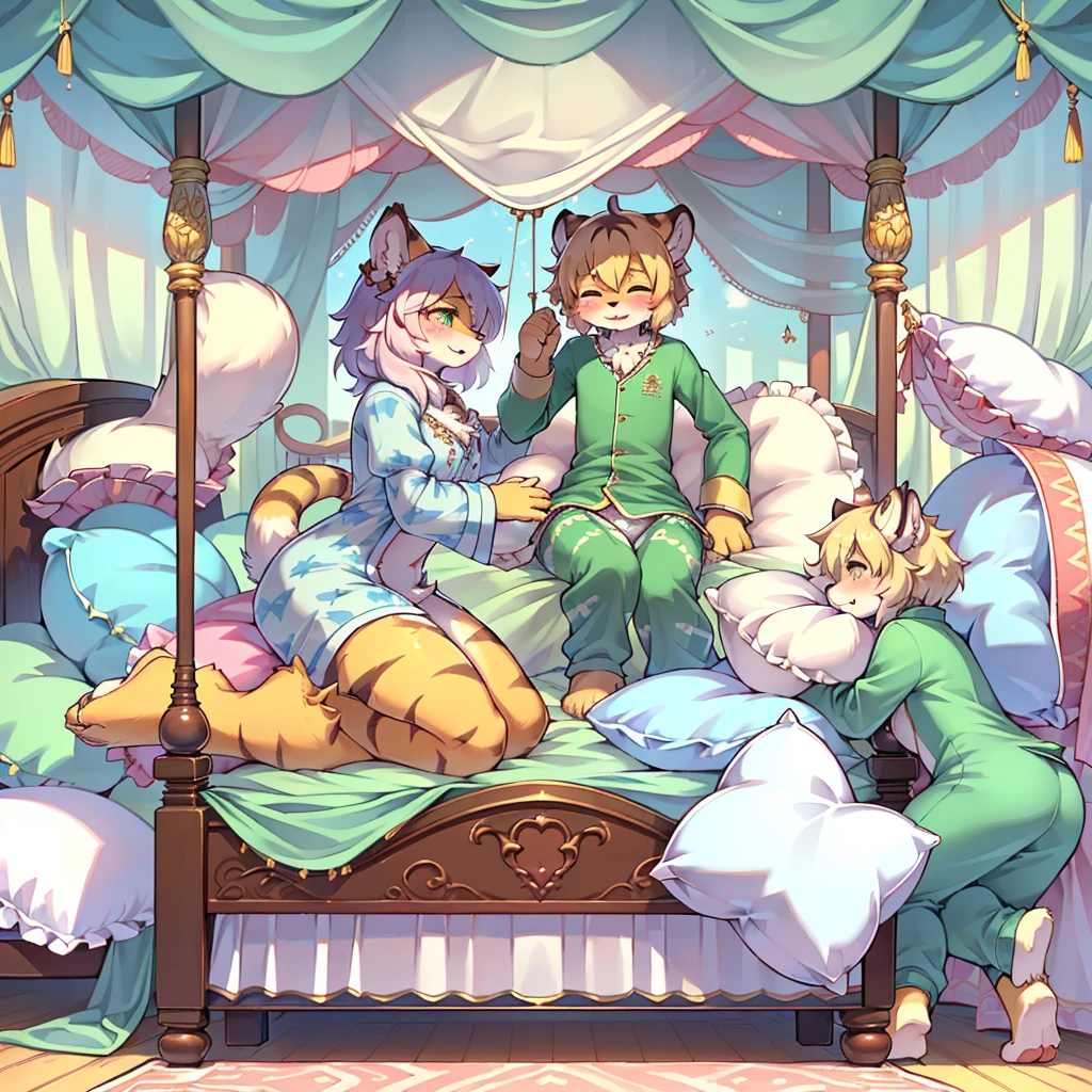 （masterpiece，best quality），my own, The Beast, , (适合任何Pillow背景的光影））, 穿着pajamas可爱女孩在Pillow上摆姿势 ，pajamas，,（很多Pillow），Soft cushion，，，（Pillow损坏），很多Pillow，（Crotch rubbing），（（Pillow驼峰）），（Pillow），（A tail），，（充满细节的Pillow），（Love around the protagonist），Steam，，（Pillow），（palace），（Palace bedroom），（Pillow），柔软的Pillow，，（Classical European style bedroom ），（excited，shy person，Lack of expressiveness，），，,my,tiger tail,tiger ears,Tiger pattern，，Sweat，，Sweaty，(Body swing，身体Shaking lines，Shaking lines)，best quality, masterpiece, ((Maximum resolution)), artwork, ，,,(Interior of the palace),,(Deluxe Rococo Canopy King Bed),On a big and spacious bed,(),,,,Luxurious curtains with ornate ruffles and ribbons surround the bed,((((There are many pillows piled on the bed)))),Detail of Quilt,Detailed bed sheets,Ruffled Bed Skirt,Deep Bed,Background with depth,((详细的Pillow)), ((((大量的Pillow))))，,Shaking lines，,Flowing liquid，Violent body shaking，剧烈Shaking lines，详细的软Pillow,,((女孩正躺在许多柔软的Pillow上,周围有许多Pillow))，Splashed liquid，，,大量Sweaty，快乐的女孩们穿着pajamas和Pillow打架 。Many small feathers fluttering、Long sleeve, 带褶边和缎带的长裙pajamas、In a huge, Large canopy bed、Soft pink sheets and quilt、色彩鲜艳的柔软Pillow、很多带褶边的Pillow和带褶边的床裙、Soft toned bed、Ruffled curtains around the bed.。Delicate face。Background with depth,