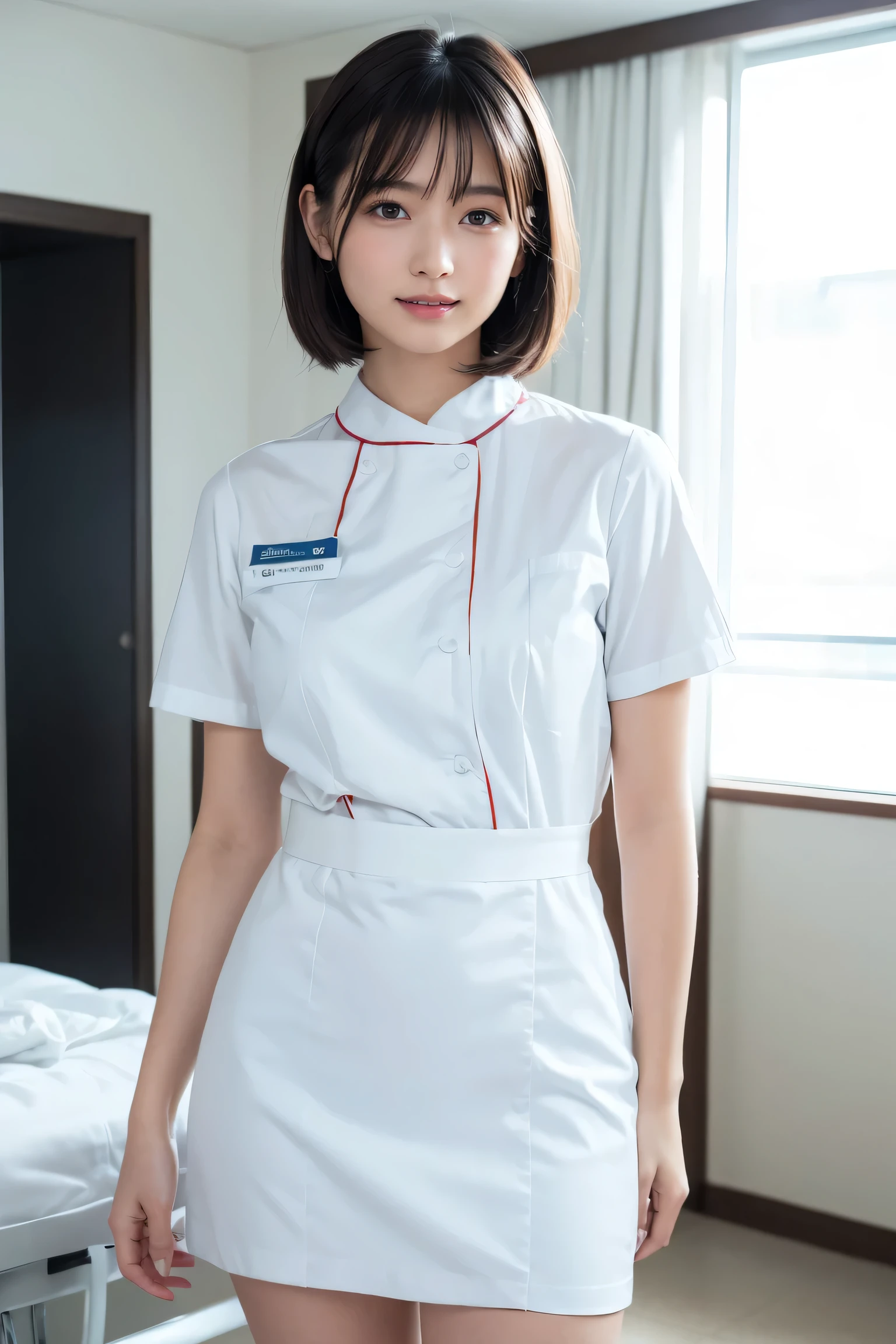 1 Girl,(Wearing white nurse clothes:1.2),(RAW Photos, Highest quality), (Realistic, photo-Realistic:1.4), masterpiece, Very delicate and beautiful, Very detailed, 2k wallpaper, wonderful, finely, Very detailed CG unity 8k wallpaper, Very detailedな, High resolution, Soft Light, Beautiful detailed girl, Very detailed eyes and face, Beautiful and detailed nose, finely beautiful eyes, nurse, Perfect Anatomy, Black Hair, Upstyle, nurse uniform,  Long skirt, nurse, White costume, thin, hospital, clear, White Uniform, hospital room, Neck auscultation,Bobcut、Flip up the skirt、20th Generation、smile